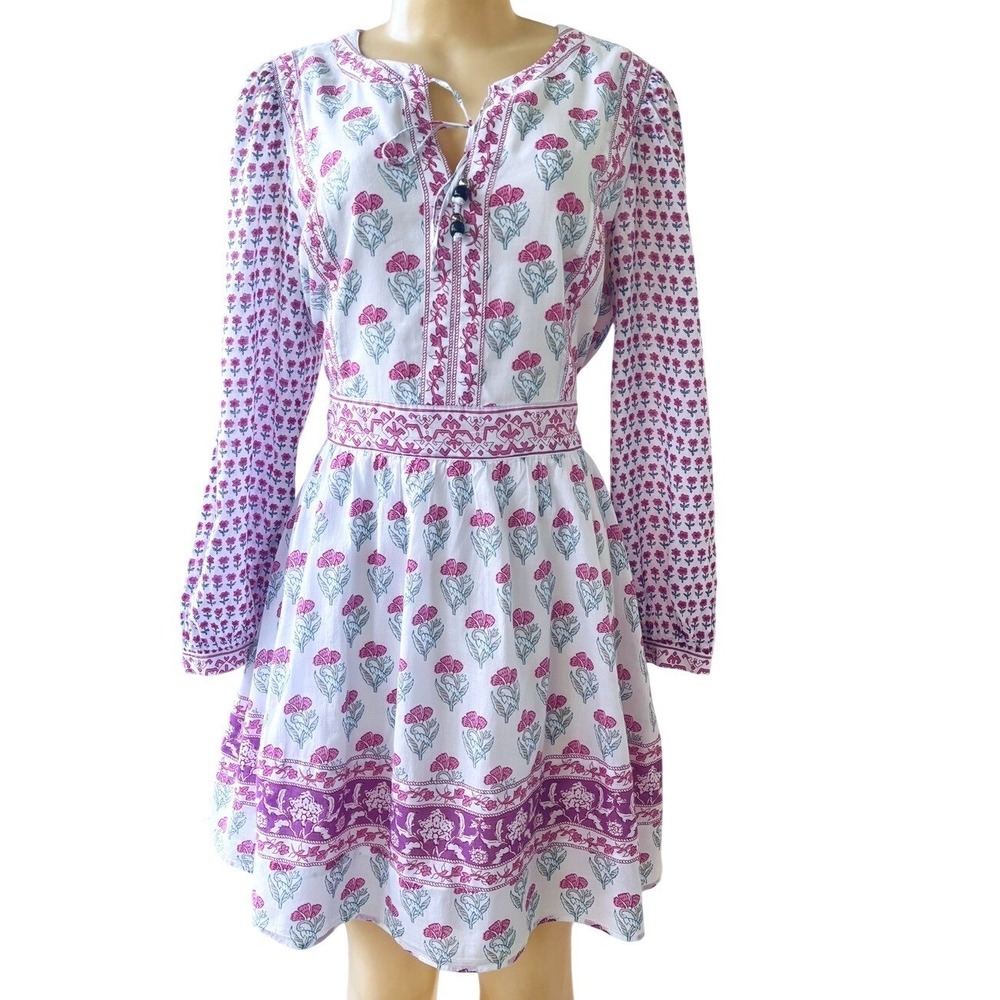 Haute Hippie Women's Linen Sun Dress Medium, Natural Floral Cottage Boho Pink